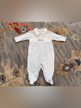 Kissy Kissy Boys Premier Blue/White Smocked Embroidered truck ABCs Footie 0-3Mos